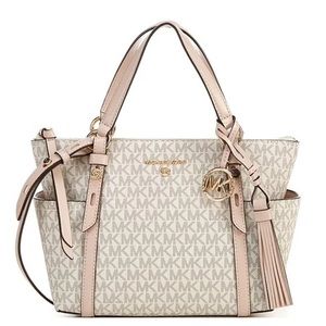 NWT Sign. Logo Small Zip Top Tote Bag, Color: Cream & White